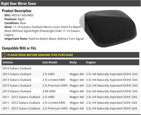 Right Passenger Side Door Mirror Cover - Paint To Match - Black - without Turn Signal - Compatible with 2011-2014 Subaru Outback AWD Wagon 4-Door in Saudi Arabia