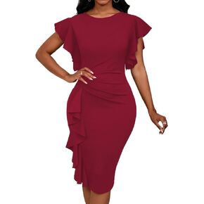 Women 2025 Summer Ruffle Short Sleeve Midi Dress Vintage Crew Neck Bodycon Pencil Dresses in Kuwait