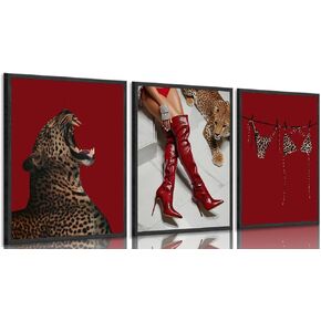 XLYFVLGF 3Pcs Red Fashion Leopard Wall Art Cheetah Wall Decor Pictures Stylish long boots print Bikini Painting Artwork for Living Room Bedroom Bathroom Corridor Home Decoration 16x24in Poster in Saudi Arabia