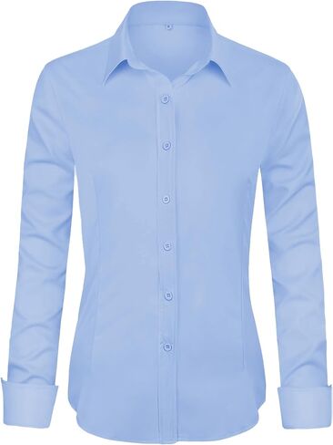 Womens Long Sleeve Button Down Dress Shirts, Solid Formal Work Dress Tops, Classic-Fit Dress Business Office Shirts in Saudi Arabia