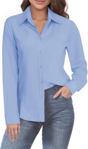 Womens Long Sleeve Button Down Dress Shirts, Solid Formal Work Dress Tops, Classic-Fit Dress Business Office Shirts in Saudi Arabia