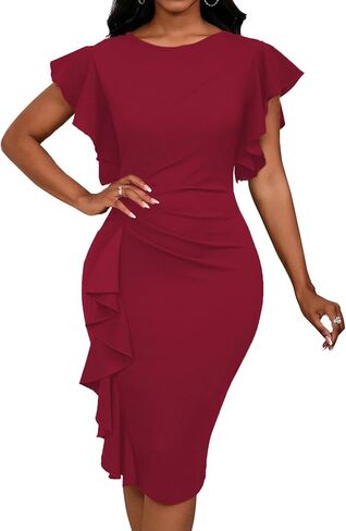 Women 2025 Summer Ruffle Short Sleeve Midi Dress Vintage Crew Neck Bodycon Pencil Dresses in Kuwait