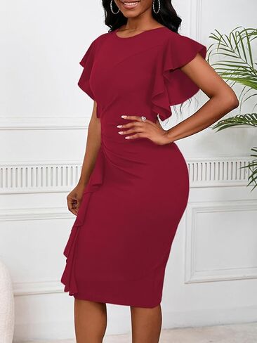 Women 2025 Summer Ruffle Short Sleeve Midi Dress Vintage Crew Neck Bodycon Pencil Dresses in Kuwait
