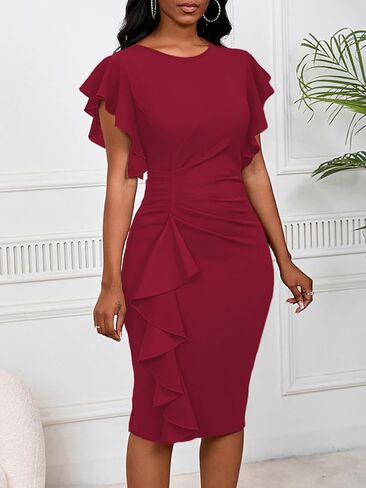 Women 2025 Summer Ruffle Short Sleeve Midi Dress Vintage Crew Neck Bodycon Pencil Dresses in Kuwait