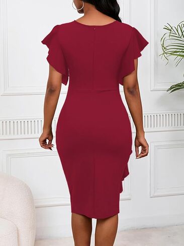 Women 2025 Summer Ruffle Short Sleeve Midi Dress Vintage Crew Neck Bodycon Pencil Dresses in Kuwait