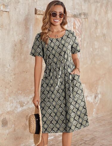 Zeagoo Womens Summer Midi Dress Casual Short Sleeve A-Line Cotton Linen Dress Flowly Beach Tunic Sundresses with Pockets 2025 in Saudi Arabia