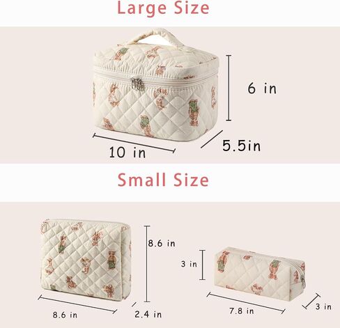 3 Pcs Quilted Cotton Makeup Pouch, Coquette Floral Quilted Toiletry Makeup Bag for Women and Girls, Aesthetic Travel Organized Cosmetic Bags(03Bear Pattern) in Saudi Arabia