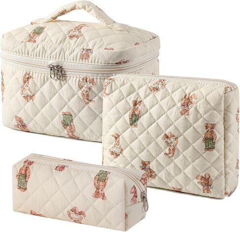 3 Pcs Quilted Cotton Makeup Pouch, Coquette Floral Quilted Toiletry Makeup Bag for Women and Girls, Aesthetic Travel Organized Cosmetic Bags(03Bear Pattern) in Saudi Arabia