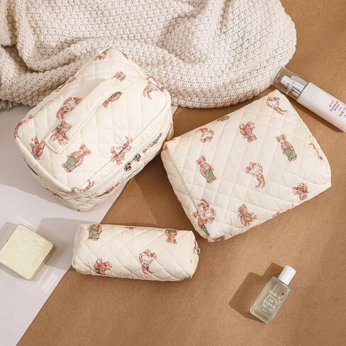 3 Pcs Quilted Cotton Makeup Pouch, Coquette Floral Quilted Toiletry Makeup Bag for Women and Girls, Aesthetic Travel Organized Cosmetic Bags(03Bear Pattern) in Saudi Arabia