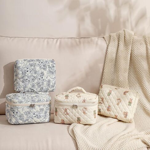 3 Pcs Quilted Cotton Makeup Pouch, Coquette Floral Quilted Toiletry Makeup Bag for Women and Girls, Aesthetic Travel Organized Cosmetic Bags(03Bear Pattern) in Saudi Arabia