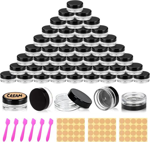 60 pcs 3 gram round clear sample containers jars mini sample blastic with lids for creads ومساحات المساحيق والتشجيع وحاويات بلسم الشفاه 3 مل مع ملصقات ملعقة in Kuwait