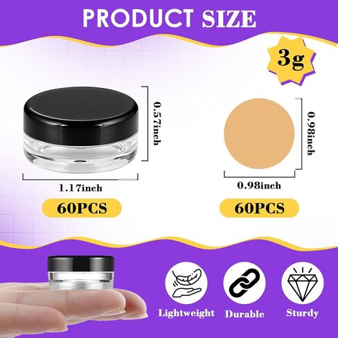 60 pcs 3 gram round clear sample containers jars mini sample blastic with lids for creads ومساحات المساحيق والتشجيع وحاويات بلسم الشفاه 3 مل مع ملصقات ملعقة in Kuwait