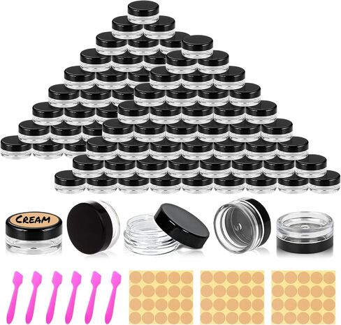 60 pcs 3 gram round clear sample containers jars mini sample blastic with lids for creads ومساحات المساحيق والتشجيع وحاويات بلسم الشفاه 3 مل مع ملصقات ملعقة in Kuwait