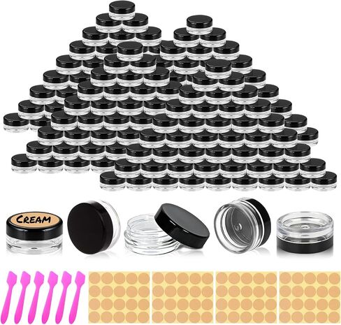 60 pcs 3 gram round clear sample containers jars mini sample blastic with lids for creads ومساحات المساحيق والتشجيع وحاويات بلسم الشفاه 3 مل مع ملصقات ملعقة in Kuwait