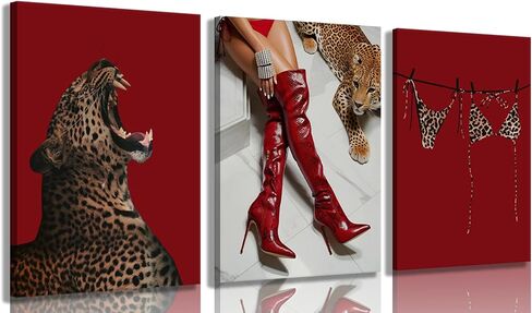 Xlyfvlgf 3pcs أزياء حمراء الفهد الحائط الفني الفنية ديكور جدار ديكور صور أنيقة أحذية طويلة طويلة طباعة البيكيني in Saudi Arabia