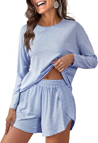 ANRABESS Womens Long Sleeve Pajama Sets 2025 Fall 2 Piece Outfits Lounge Matching Short Set Striped Pjs Loungewear Sleepwear in Saudi Arabia