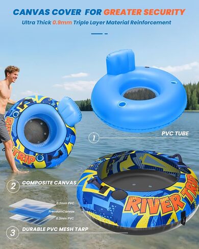 53" Heavy Duty River Tube With Premium Canvas Cover, Inflatable Water Tubes for Floating, Tubing Floats for Pool Lake, Rafts With 2 Cup Holders, 2 Grip Handles for Adults in Saudi Arabia