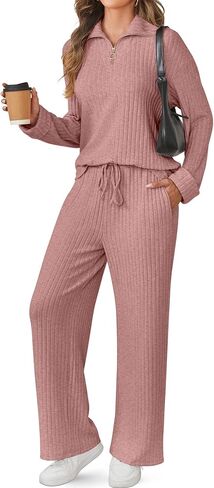 SHESHOW Women 2 Piece Lounge Set V-Neck Half Zip Pullover and Drawstring Wide-Leg Pants Pajama Sets Sleepwear in Saudi Arabia