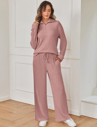 SHESHOW Women 2 Piece Lounge Set V-Neck Half Zip Pullover and Drawstring Wide-Leg Pants Pajama Sets Sleepwear in Saudi Arabia