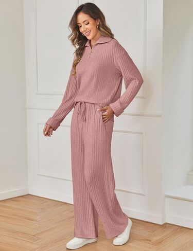 SHESHOW Women 2 Piece Lounge Set V-Neck Half Zip Pullover and Drawstring Wide-Leg Pants Pajama Sets Sleepwear in Saudi Arabia