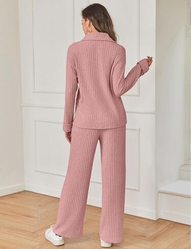 SHESHOW Women 2 Piece Lounge Set V-Neck Half Zip Pullover and Drawstring Wide-Leg Pants Pajama Sets Sleepwear in Saudi Arabia