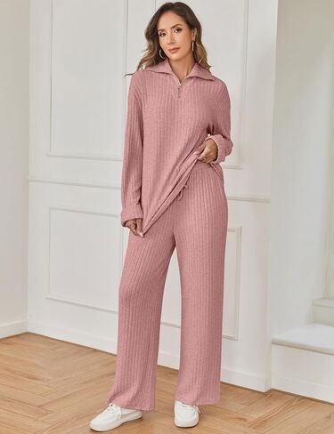 SHESHOW Women 2 Piece Lounge Set V-Neck Half Zip Pullover and Drawstring Wide-Leg Pants Pajama Sets Sleepwear in Saudi Arabia