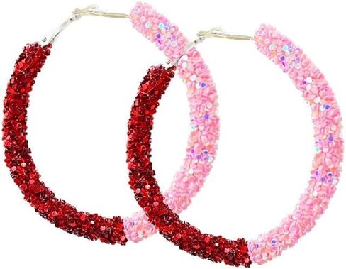 Valentine's Day Glitter Hoop Earrings for Women Red Pink Sparkle Sequins Hoop Earrings Round Circle Shiny Red Pink Hoop Earrings Valentine's Day Holiday Jewelry Gift in Saudi Arabia