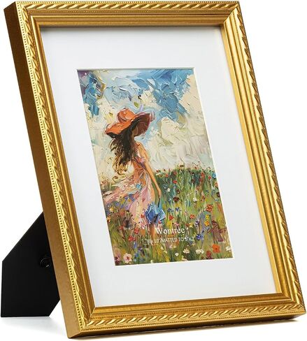 8x10 إطار صورة مزخرف بالذهب مع حدود حبة وحبل مركزي ، خشب صلب مع زجاج حقيقي ، عرض 8x10 صورة مُعجزة على 5x7 ، عموديًا وأفقيًا للمكتب الطاولة أو الجدار المعلقة in Kuwait