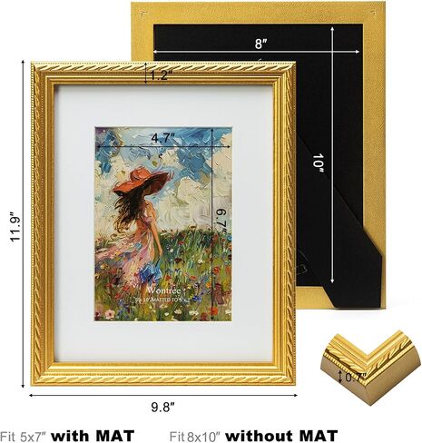 8x10 إطار صورة مزخرف بالذهب مع حدود حبة وحبل مركزي ، خشب صلب مع زجاج حقيقي ، عرض 8x10 صورة مُعجزة على 5x7 ، عموديًا وأفقيًا للمكتب الطاولة أو الجدار المعلقة in Kuwait