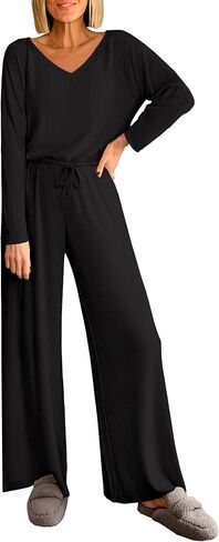 ANRABESS Womens Fleece Pajama Sets 2 Piece Outfits Matching Lounge Set Casual Ribbed Knit Long Sleeve Pj 2025 Fall Sleepwear in Saudi Arabia