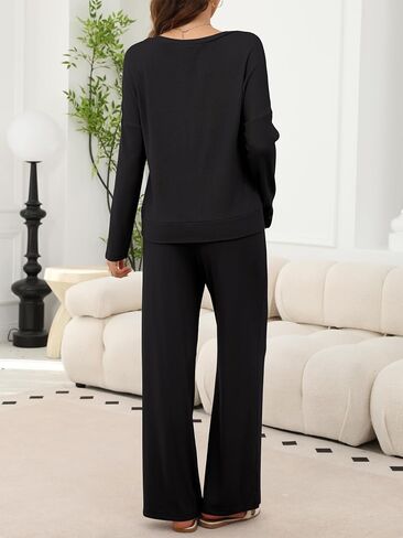 ANRABESS Womens Fleece Pajama Sets 2 Piece Outfits Matching Lounge Set Casual Ribbed Knit Long Sleeve Pj 2025 Fall Sleepwear in Saudi Arabia