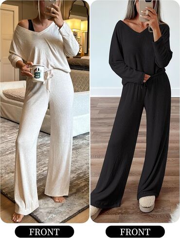 ANRABESS Womens Fleece Pajama Sets 2 Piece Outfits Matching Lounge Set Casual Ribbed Knit Long Sleeve Pj 2025 Fall Sleepwear in Saudi Arabia