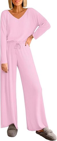 ANRABESS Womens Fleece Pajama Sets 2 Piece Outfits Matching Lounge Set Casual Ribbed Knit Long Sleeve Pj 2025 Fall Sleepwear in Saudi Arabia