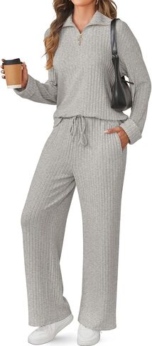 SHESHOW Women 2 Piece Lounge Set V-Neck Half Zip Pullover and Drawstring Wide-Leg Pants Pajama Sets Sleepwear in Saudi Arabia