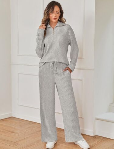 SHESHOW Women 2 Piece Lounge Set V-Neck Half Zip Pullover and Drawstring Wide-Leg Pants Pajama Sets Sleepwear in Saudi Arabia