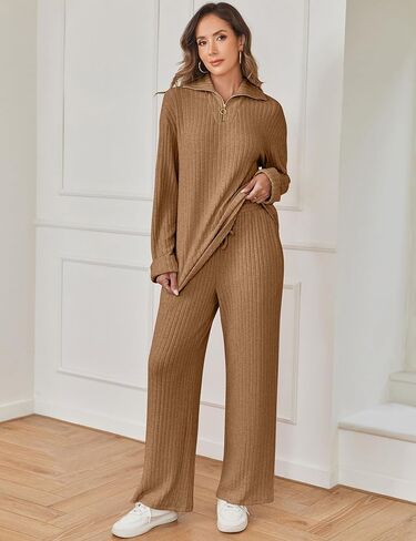 Sheshow Women 2 قطعة صالة مجموعة V-Neck نصف zip pullover و serfring السوائل الساق in Kuwait