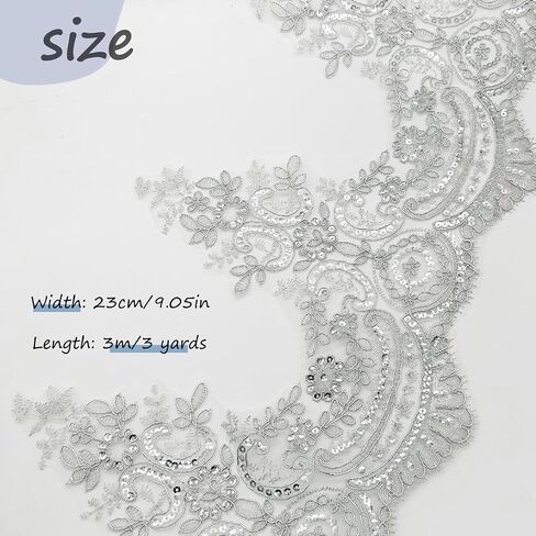 3 Yards 9 Inches Width Silver Beaded Lace Trim, Sequin Flower Embroidery Lace Ribbon, Sequins Lace Mesh Trim, Lace Edging for Sewing Craft Supplies Fabric Bridal Wedding in Saudi Arabia