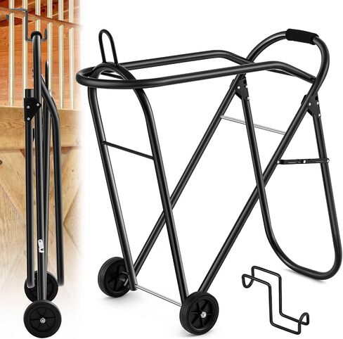 Horse Saddle Tack Cart with Wheels, Rolling Iron Heavy Duty Trailer Organizer with Hooks Foldable Horse Cinch Equipments Stable Storage Tool for Saddle Moving Transport Organizer Supplies in Saudi Arabia