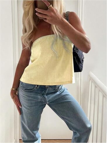 Gorglitter Women's Prickless Tube Tops Flowy Bandeau Cute Peplum Y2K Tops in Kuwait