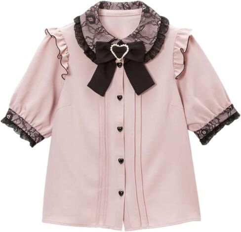 Pokn Lolita Fashion Jirai Kei Fashion Women Lolita Blouse Lace Short Puff Sleeve Shirt Gothic Kawaii Ruffle Top with Bow in Kuwait