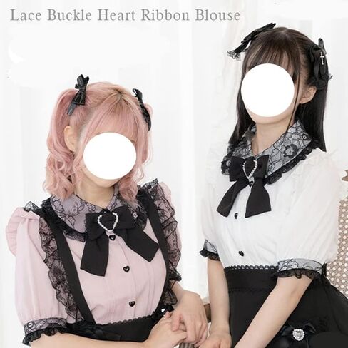 Pokn Lolita Fashion Jirai Kei Fashion Women Lolita Blouse Lace Short Puff Sleeve Shirt Gothic Kawaii Ruffle Top with Bow in Kuwait