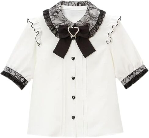 Pokn Lolita Fashion Jirai Kei Fashion Women Lolita Blouse Lace Short Puff Sleeve Shirt Gothic Kawaii Ruffle Top with Bow in Kuwait