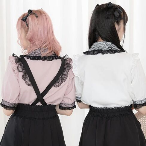 Pokn Lolita Fashion Jirai Kei Fashion Women Lolita Blouse Lace Short Puff Sleeve Shirt Gothic Kawaii Ruffle Top with Bow in Kuwait