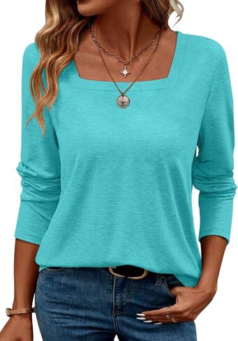 TICTICMIMI Women's Square Neck Long Sleeve Tops Casual T Shirts Loose Fit Lightweight Tunic Blouse Shirts in Saudi Arabia