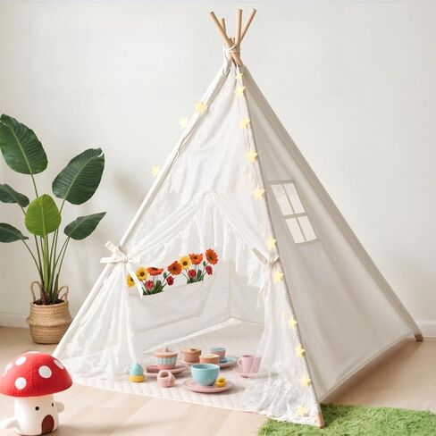 little dove Teepee Tent for Kids Foldable Teepee Play Tent with Carry Case, Banner, Fairy Lights, Olives Branches, Four Poles Style Raw White Color - New Version Tiny House in Kuwait