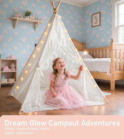 little dove Teepee Tent for Kids Foldable Teepee Play Tent with Carry Case, Banner, Fairy Lights, Olives Branches, Four Poles Style Raw White Color - New Version Tiny House in Kuwait