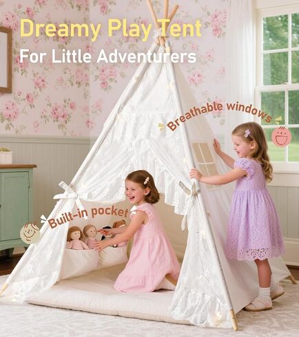 little dove Teepee Tent for Kids Foldable Teepee Play Tent with Carry Case, Banner, Fairy Lights, Olives Branches, Four Poles Style Raw White Color - New Version Tiny House in Kuwait