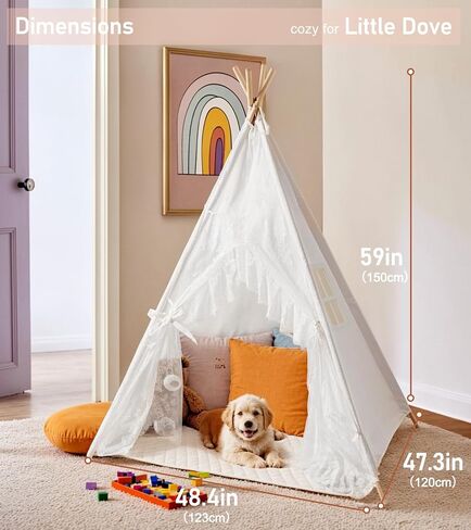 little dove Teepee Tent for Kids Foldable Teepee Play Tent with Carry Case, Banner, Fairy Lights, Olives Branches, Four Poles Style Raw White Color - New Version Tiny House in Kuwait