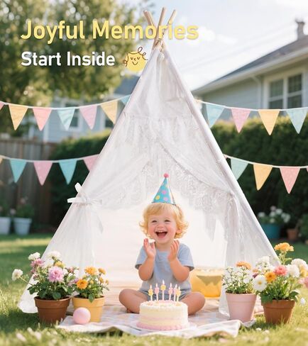 little dove Teepee Tent for Kids Foldable Teepee Play Tent with Carry Case, Banner, Fairy Lights, Olives Branches, Four Poles Style Raw White Color - New Version Tiny House in Kuwait