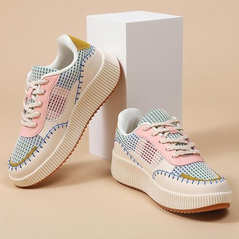 Meidiasstra Women's Platform Sneakers Sneakers عرضية مكتنزة منخفضة أعلى المدينة أحذية المشي الدانتيل حتى أحذية Dolen Sneaker 2024 أحذية المشي العظام مع التهاب اللفافة الأخمصية in Kuwait